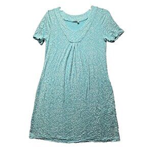 Fresh Produce Midi Dress Size M Stretch Floral White Blue Turquoise Short Sleeve